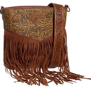 Wrangler Brown Tooled Leather Fringe Crossbody with Floral Strap